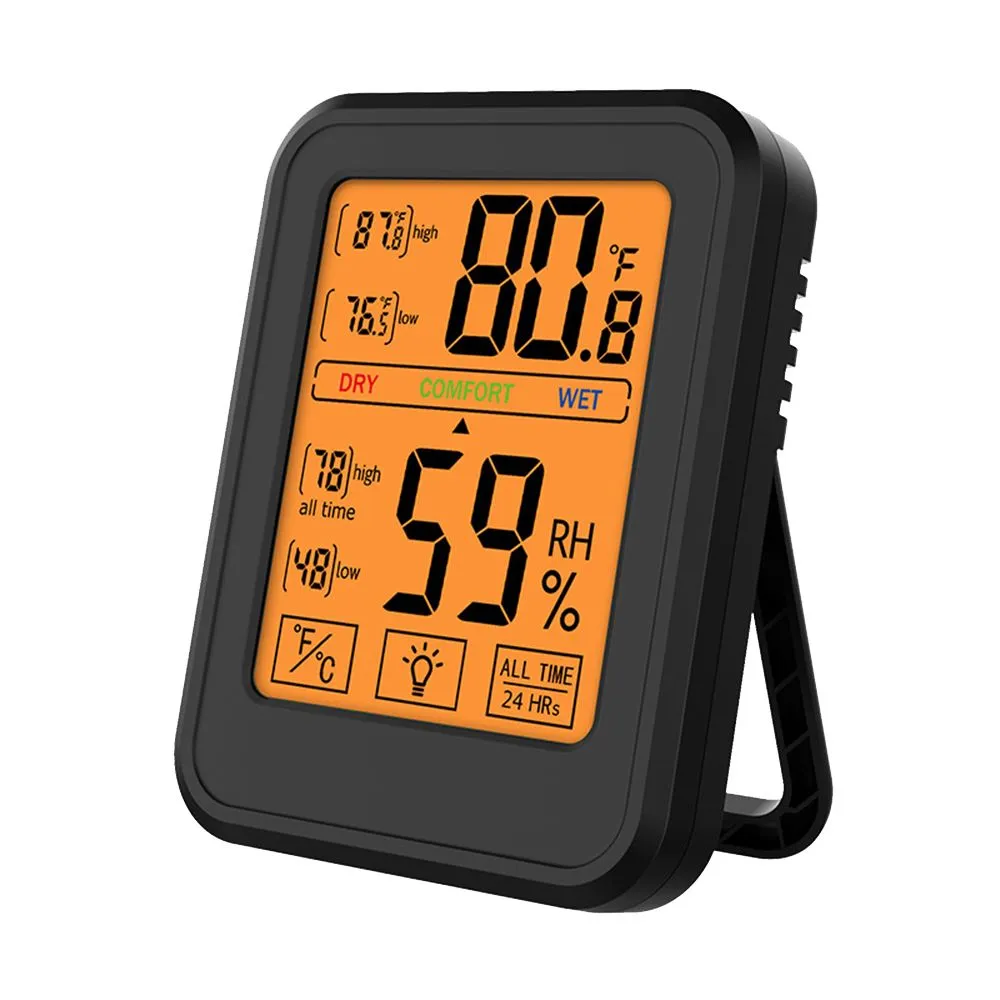 Touch Screen Digital Indoor Temperature Humidity Meter with Backlight - Black