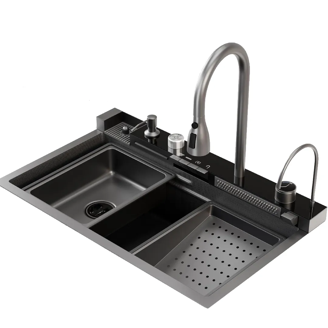 Kitchen Sink Double Waterfall Sink with LED Display 75×45×22cm