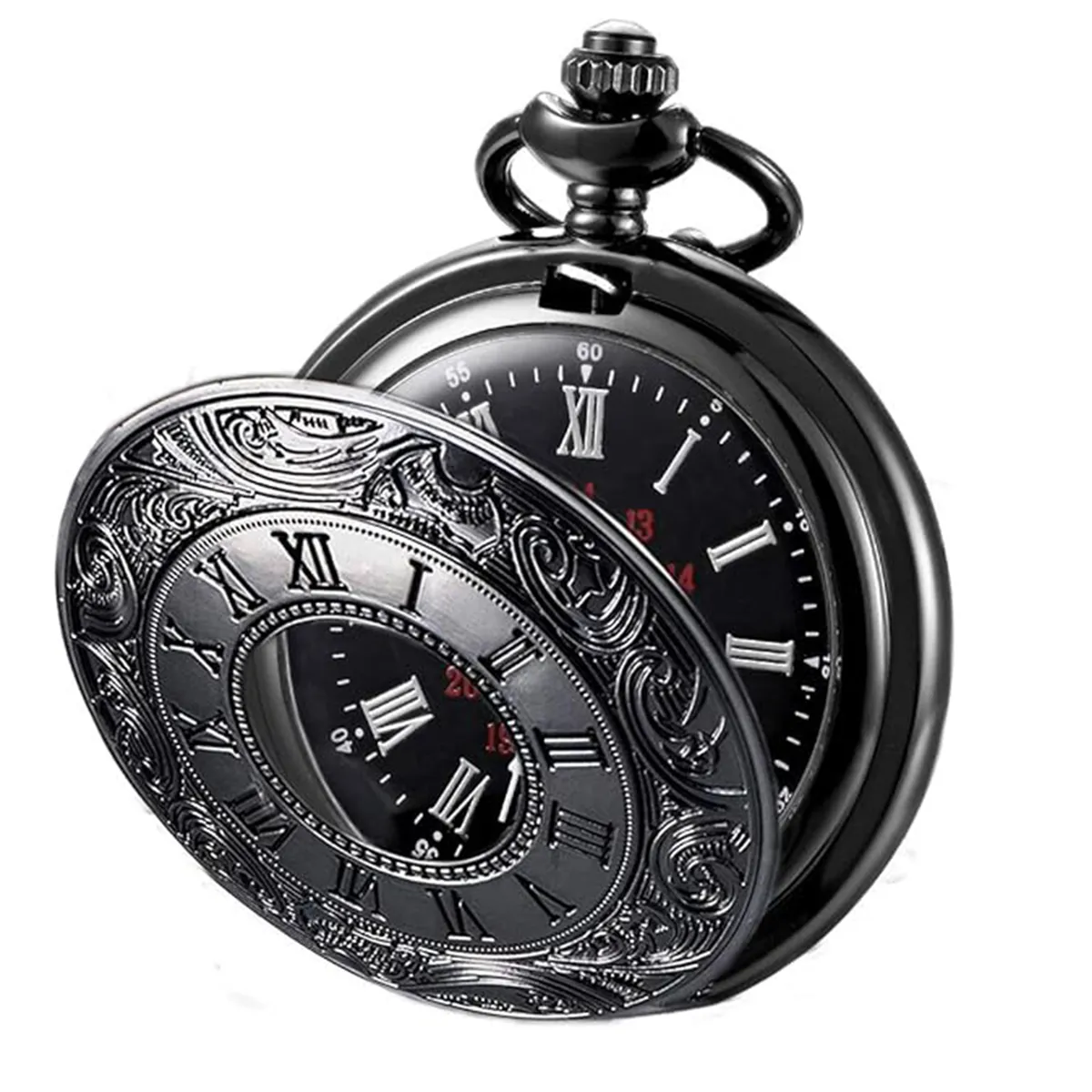 Pocket Watch Classic Luxury Quartz Mudder Vintage Roman Numerals - Black