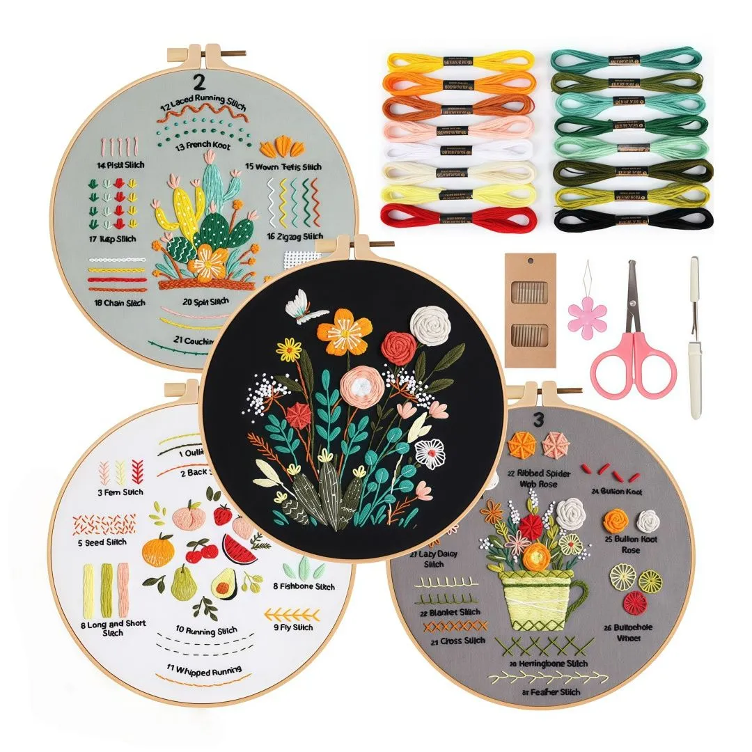 4 Pack Embroidery Kit For Beginners, Starter Needlework Set With Hoop