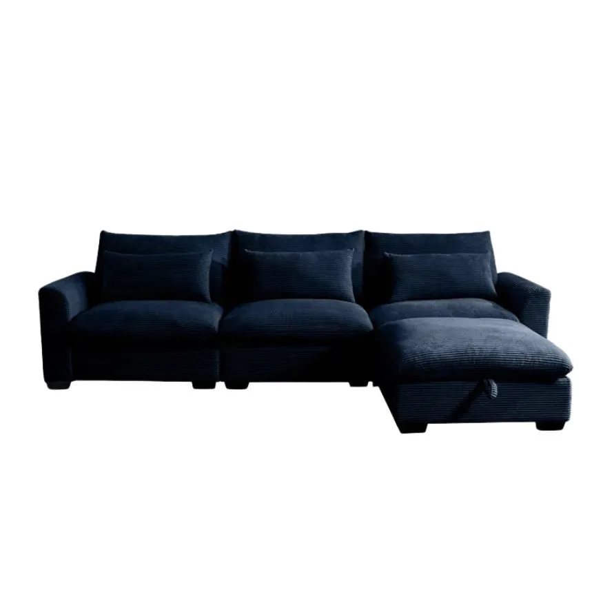 Comfy Home Furniture Enzo Sectional 3 Seater Sofa with Storage Ottoman - Blue