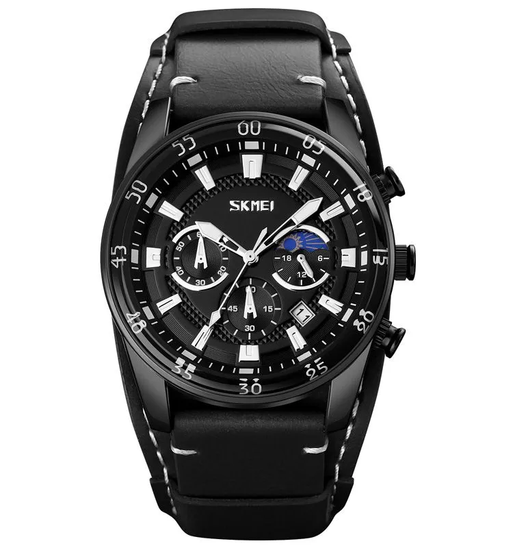 Moon Phase Quartz Watch With Leather Band and Back Cover - Black