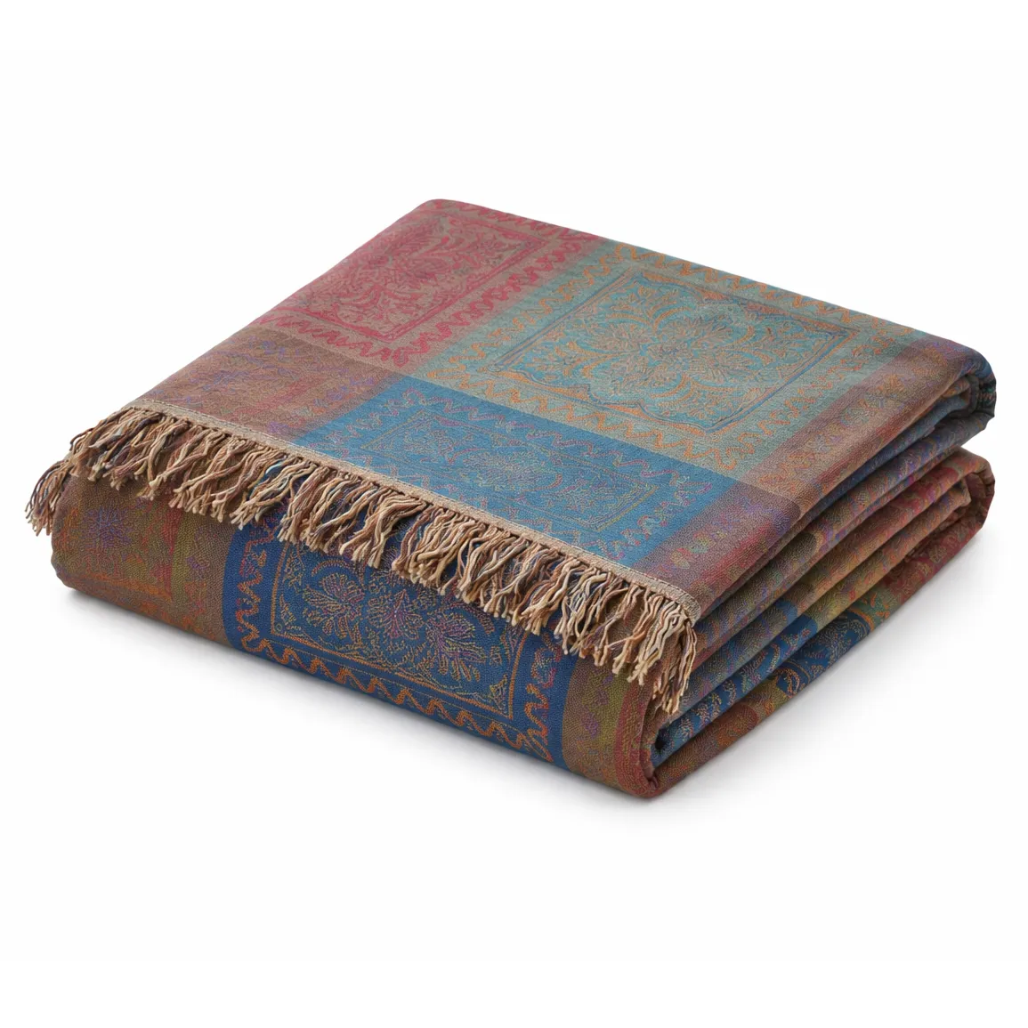 Linen Boutique Bohemian 100% Cotton ThrowBlanket With Fringes Teal Blue