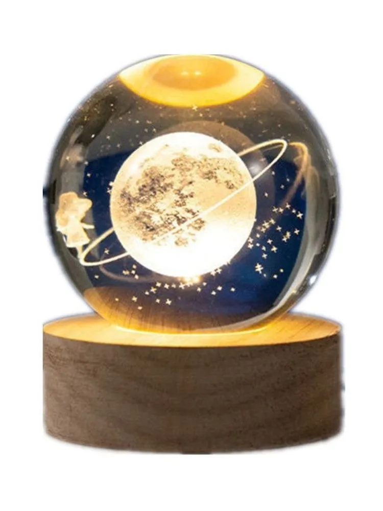 3D Crystal Ball LED Night Light with Wooden Base- 6cm
