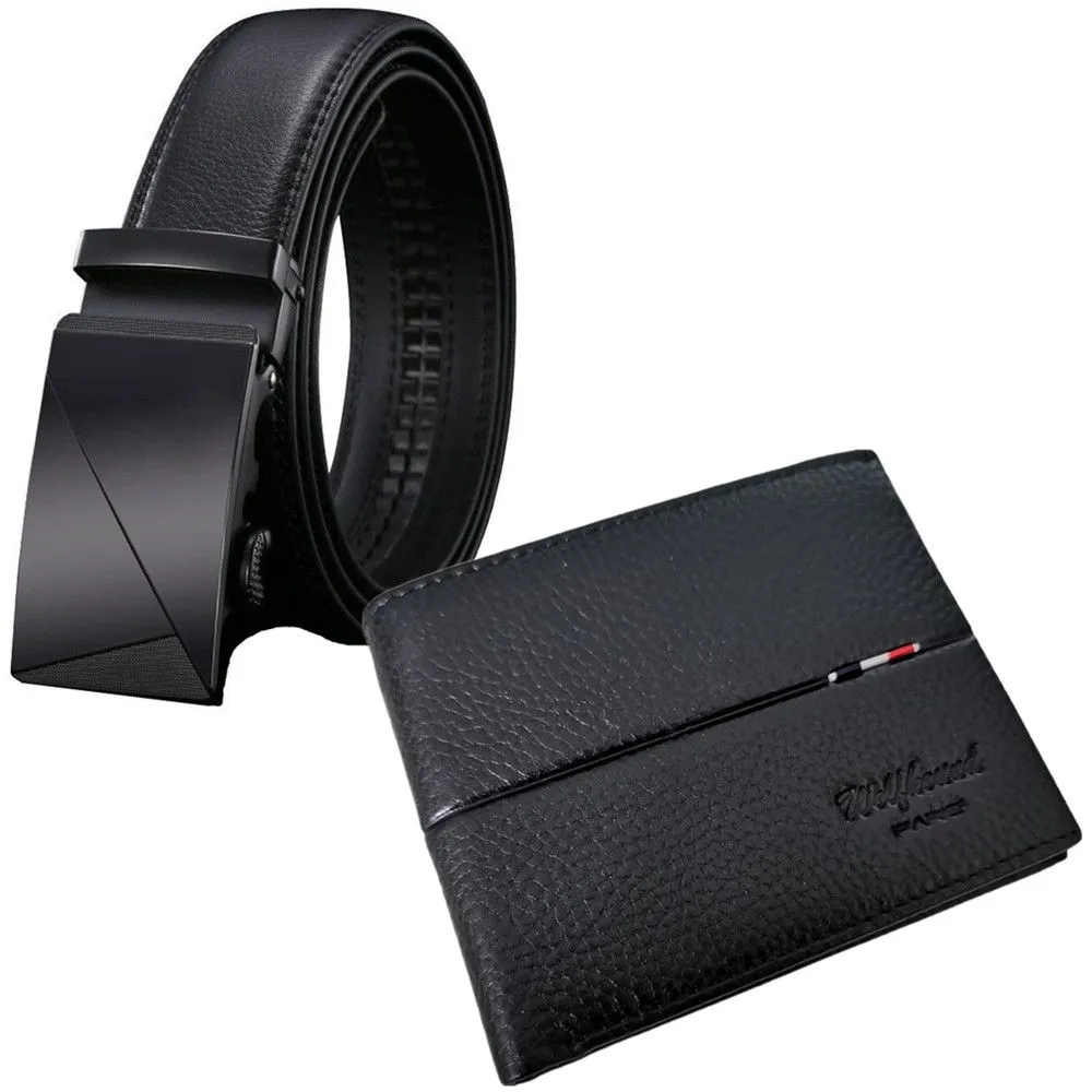 Wolfhound Genuine Leather Belts + Wallet For Men - Gentlemen's Cowhide Combo - Black 21