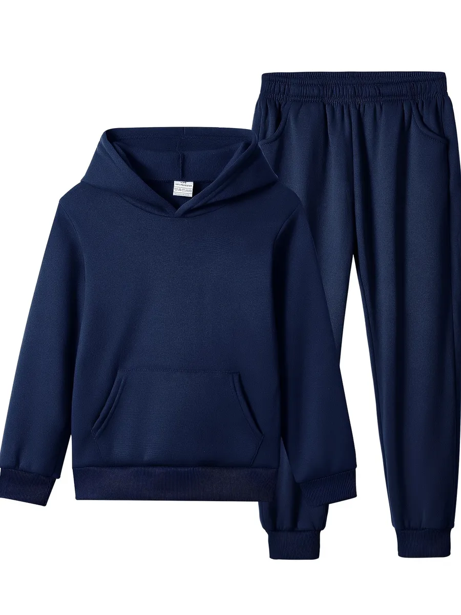 Tread Treasure-Navy Blue Casual Sweatsuit Set with Hooded For Boys