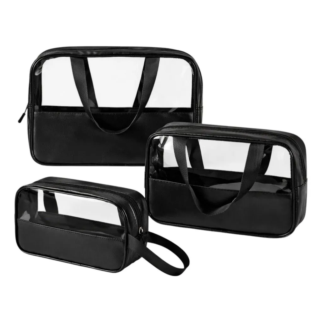 3 Piece - Clear Window Cosmetic Travel Organizer Set - Black
