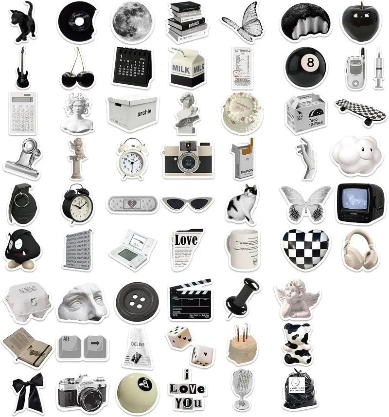61pcs Vintage Black White Stickers, Aesthetic Decals for Laptop Phone
