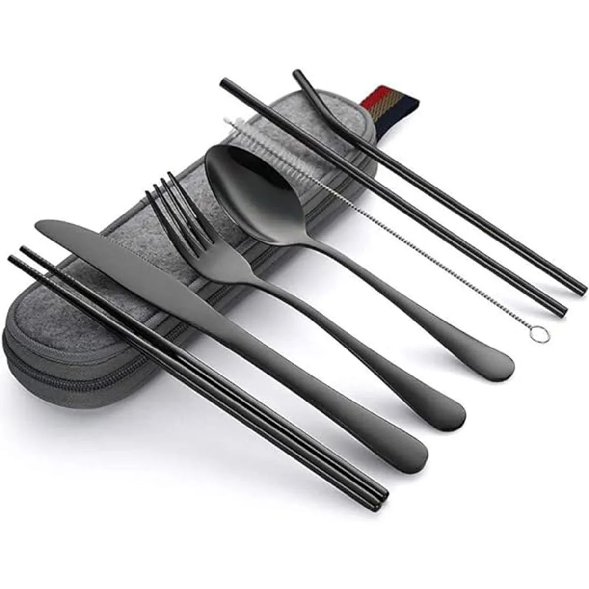 8 Piece Portable Travel Camping Cutlery Set - Black