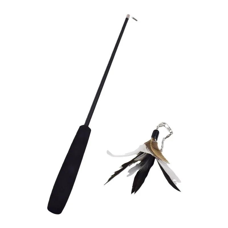 Interactive Cat Feather Wand Toy with Bell and Retractable Stick - Black