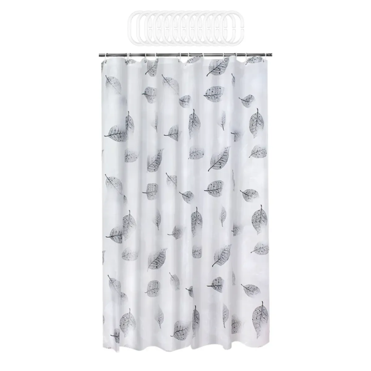 Opaque Shower Curtain with Hooks - 200 x 200cm - Grey Leaf