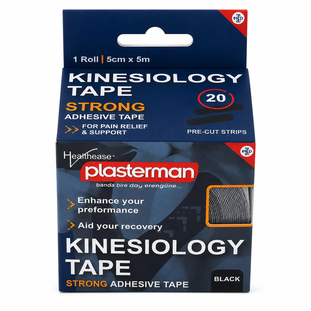 Plasterman Kinesiology Tape 5cm x 5m - 20 Pre-Cut Strips, Black