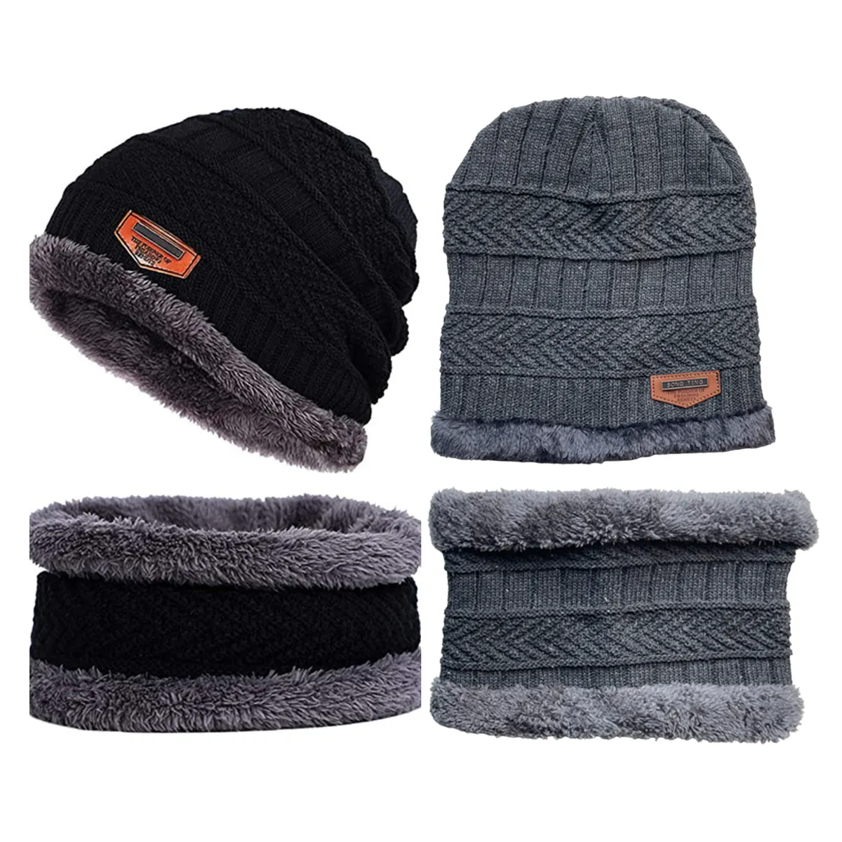 Unisex Thick Knitted Warm Hat/Beanie & Scarf Set - 2 Sets - Black & Grey