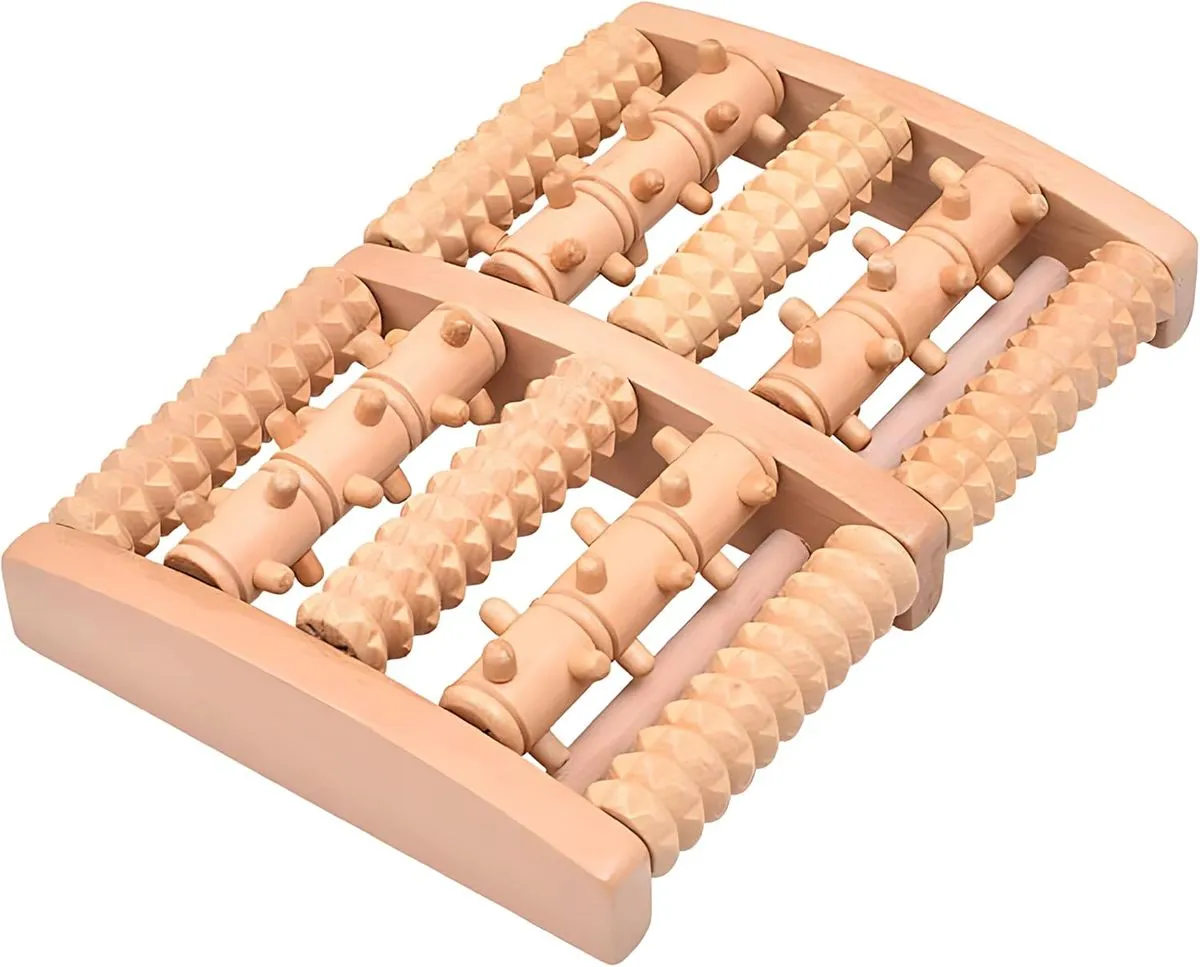 5-Row Natural Wooden Foot Massage Roller Large Reflexology Therapy Tool - Double gear
