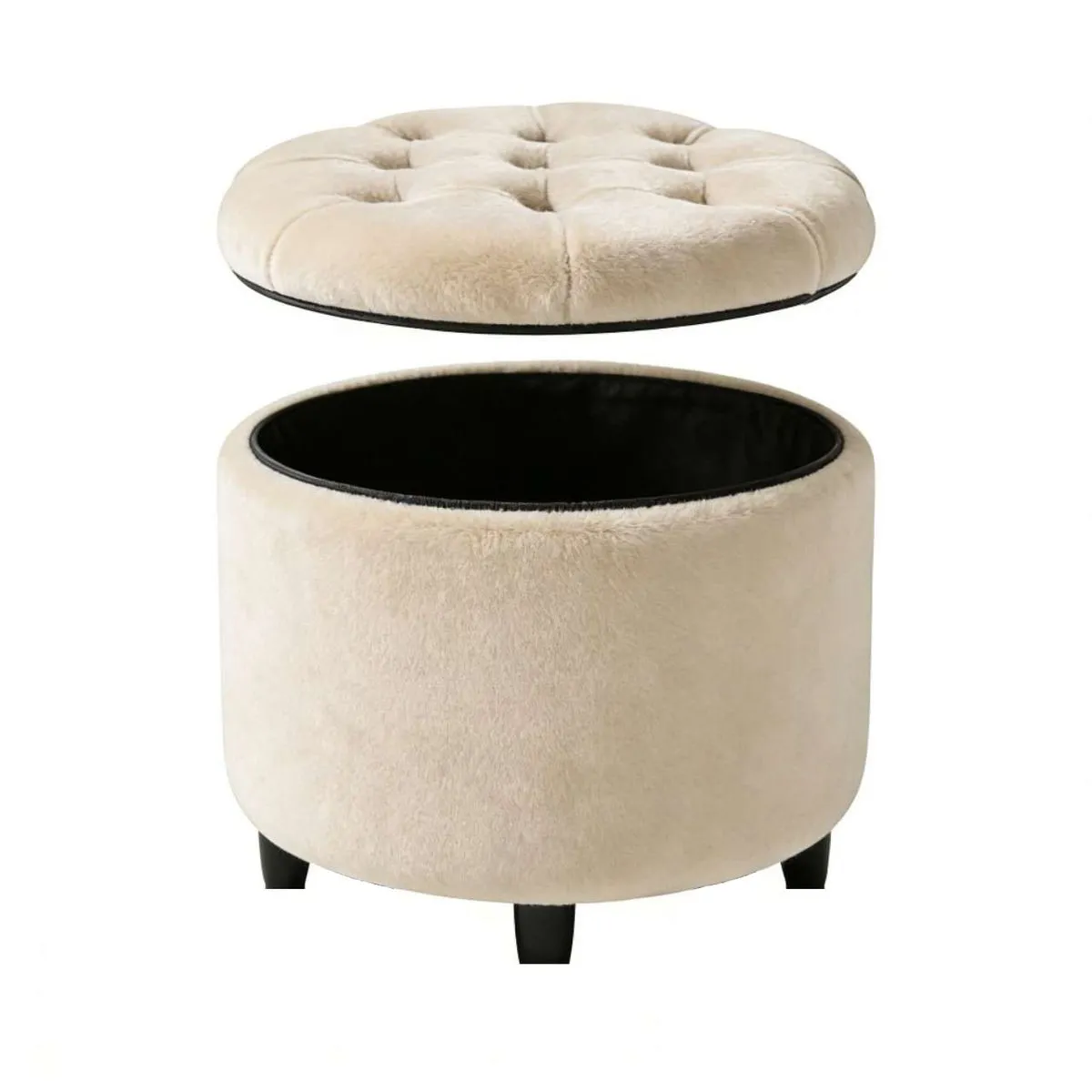 Round Storage Ottoman with Tufted Lid, Velvet Upholstered Storage Space - Beige