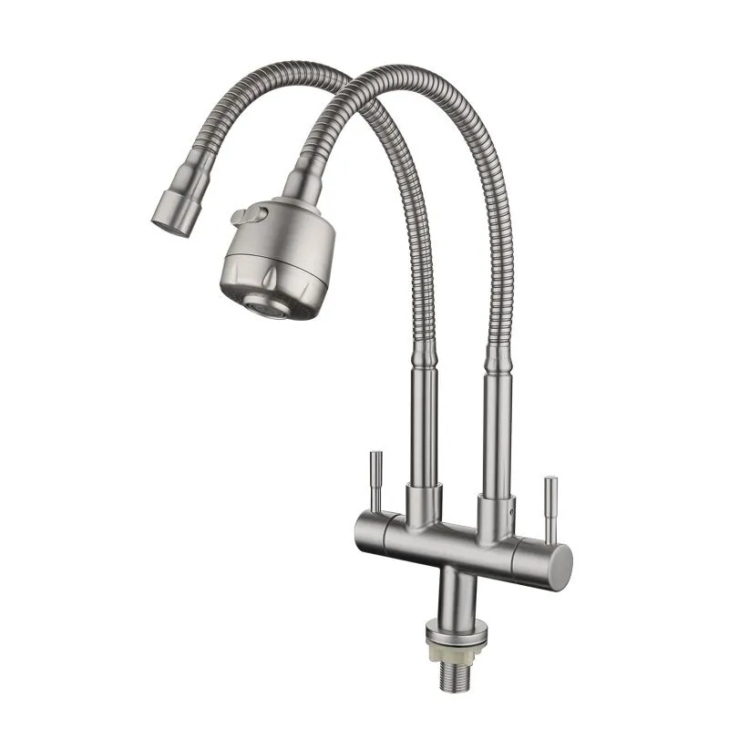 304 Stainless Steel Double Head 360 Rotation Cold Water Kitchen Faucet