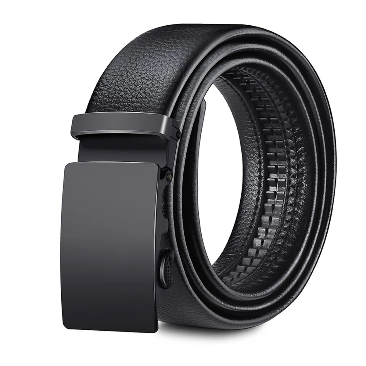 Leather Belt Men's Black Suits Ratchet Belt Metal Buckle Belt with Box - Black
