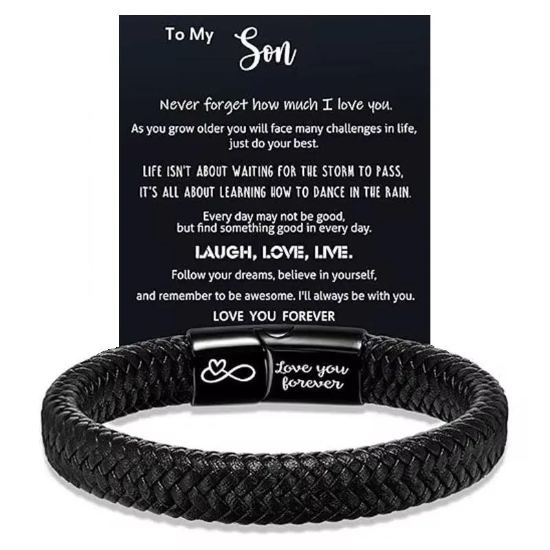 To My Son Leather Bracelet with Inspirational Message