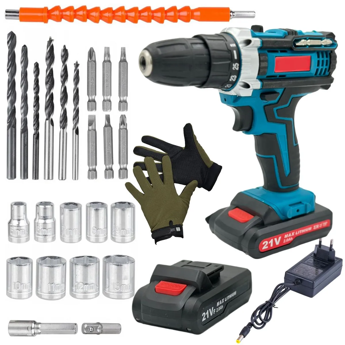 30 Piece Wireless Drill Set With 2 Lithium Ion Battery Packs with Case & Gloves