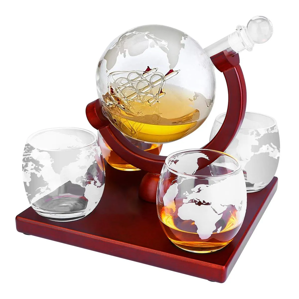 Globe Shaped Whiskey Decanter with 4 Glasses Set