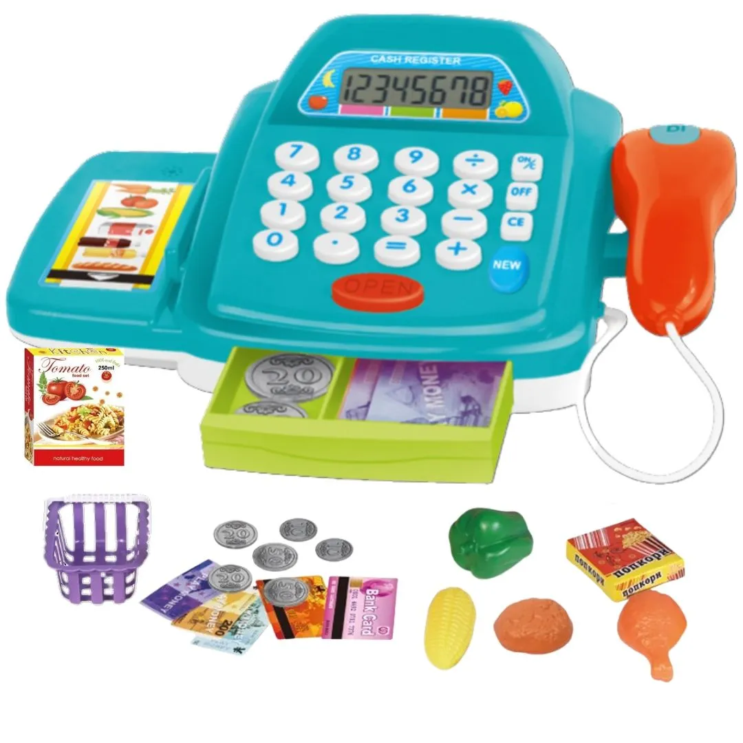 Electric Cash Register Toy - 19 Piece Set - Shopping & Food Toys for Toddlers - Blue