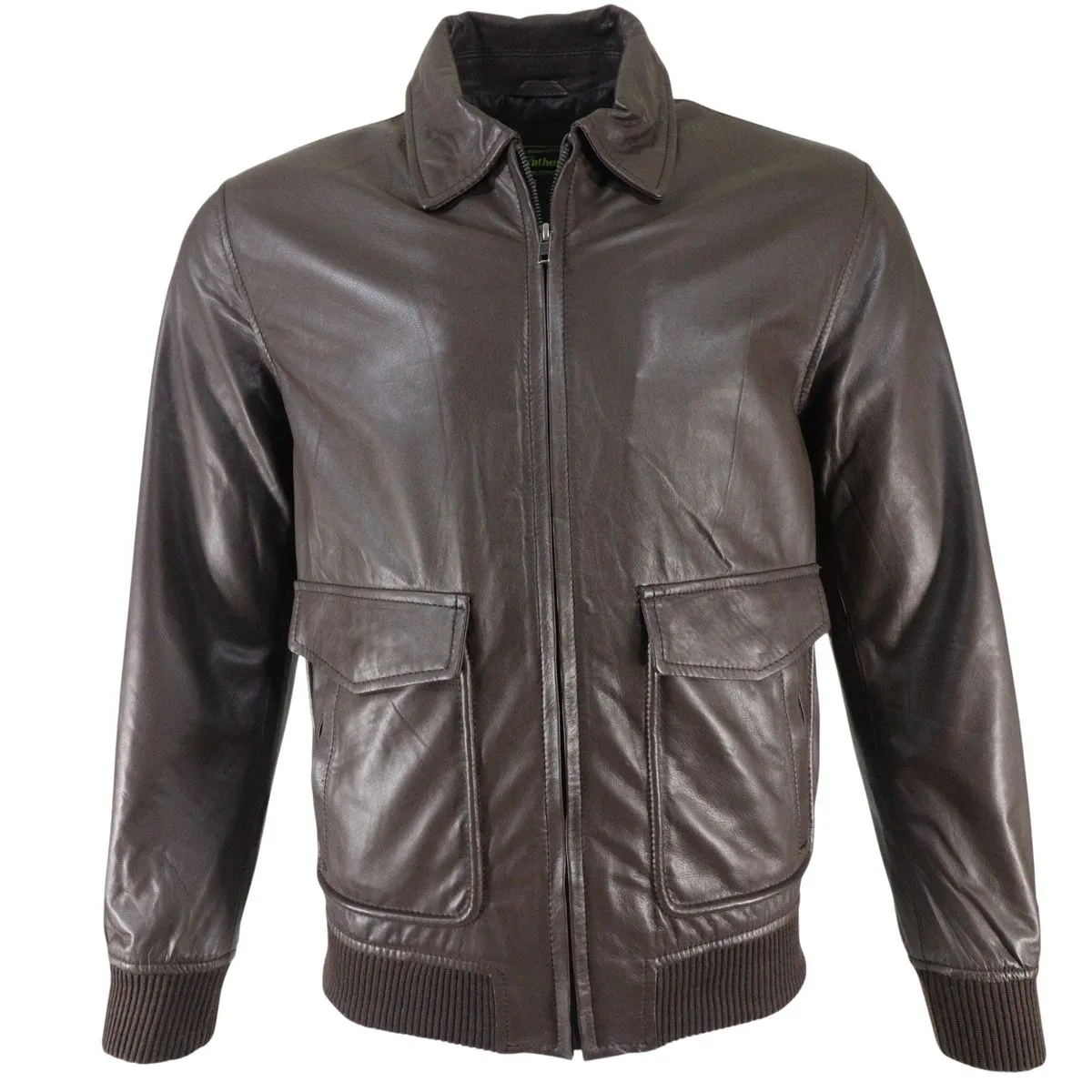 Mens Genuine Sheep Leather Regular Fit Bomber Jacket - Plain Dark Brown