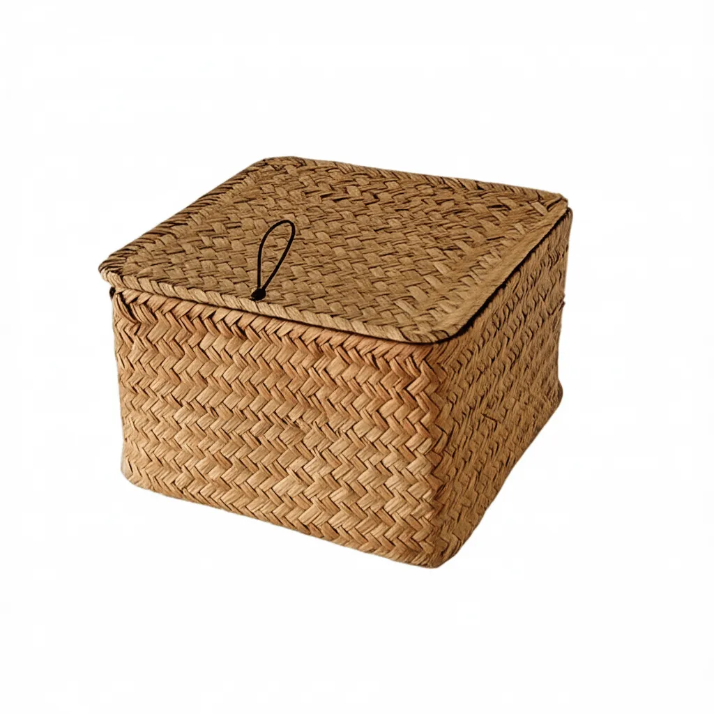 Handwoven Natural Rattan Storage Box with Lid - Brown