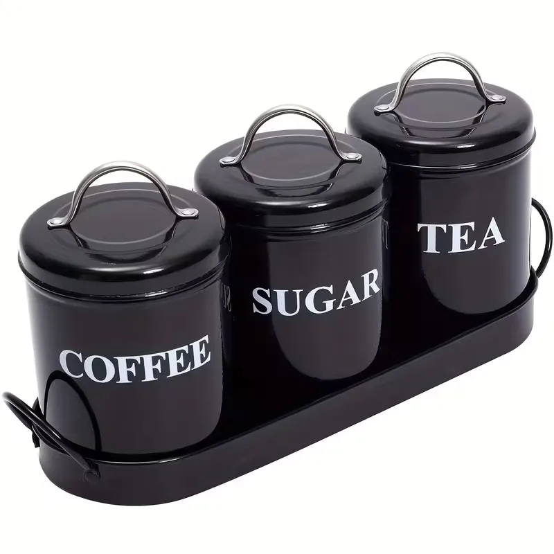 Tea Coffee Sugar Canisters - 3-Piece, With Tray