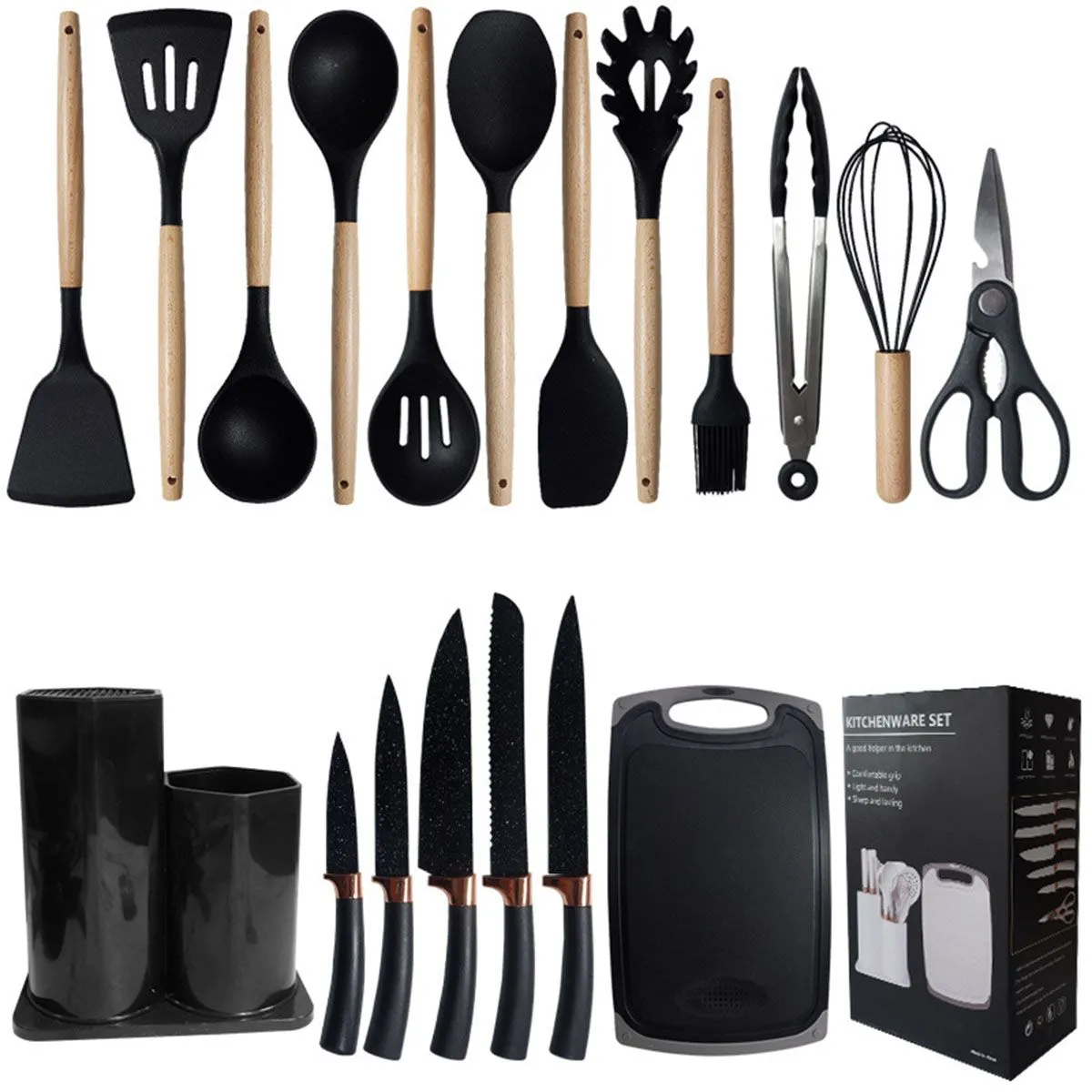 19Silicone Kitchen Utensils Set Cookware Set Fried Shovel Kitchen Tool Sets - Black