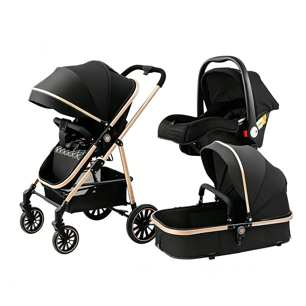 3 in 1 Baby Stroller, Newborn Infant Toddler Convertible Pram Stroller - Black