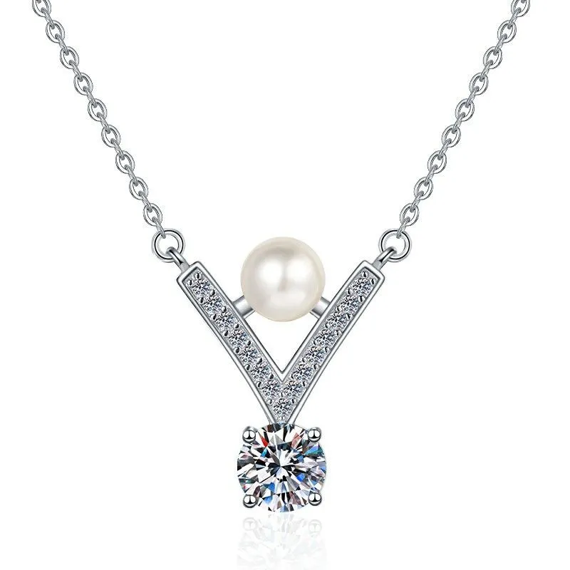 1ct Moissanite Pearl Choker | 925 Silver V - Shape Casual Necklace
