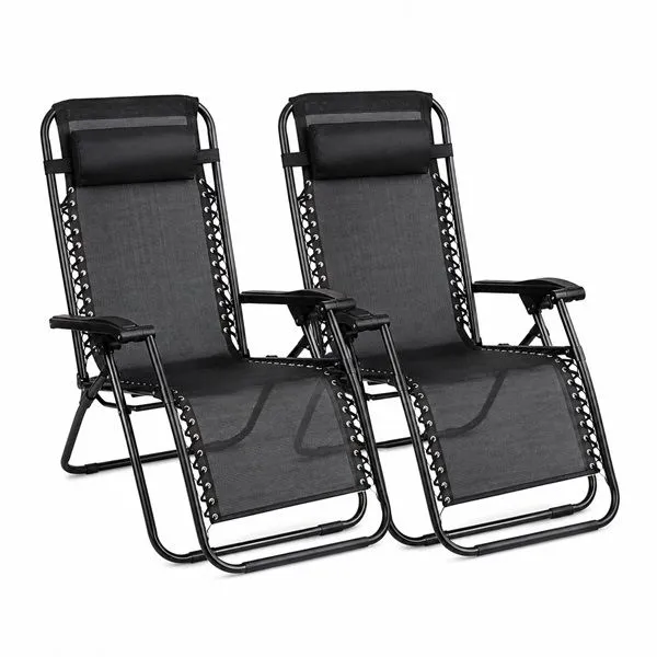 Foldable Zero Gravity Reclining Chairs Set of 2 Black Outdoor