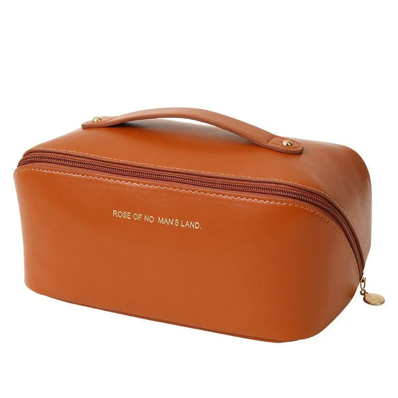 PU Leather Makeup Bag Large Cosmetic Organizer Travel Toiletry Case with - Brown