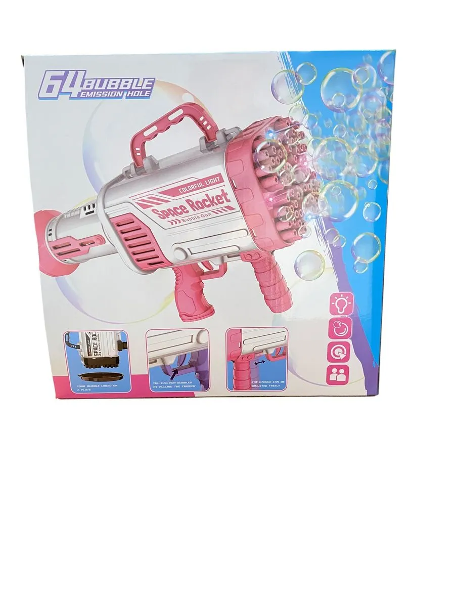 Space Rocket Bubble Gun - 92 Hole Bubble Machine with Lights - Rechargeable - Pink, White