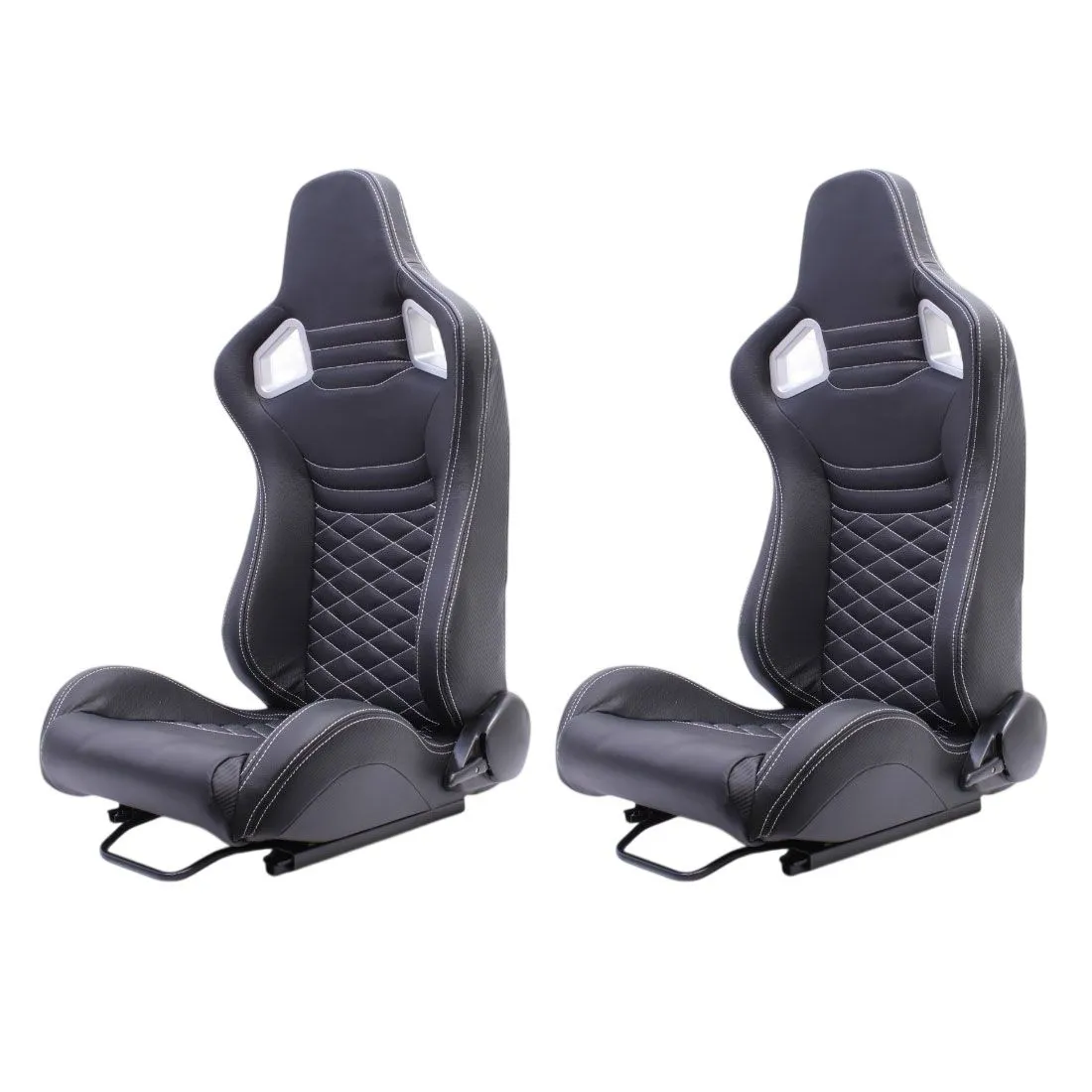 Universal Reclinable Racing Seats - Leather Look with White Stitch - Set