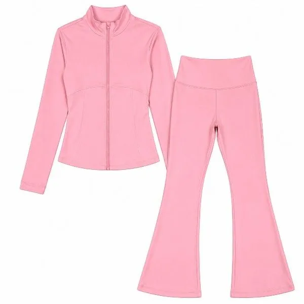 Women's 2 Piece Activewear Gym Set - Long Sleeve Zip-Up Top & High Waist
