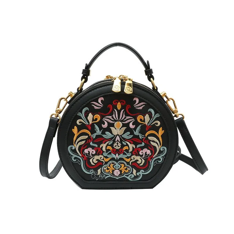 Embroidered New Chinese Style Small Round Bag - Black