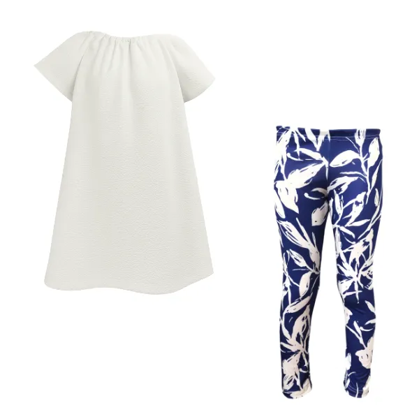 Baby/Toddler/Kids-Gathered Peasant Neck-Top&Capri Legging-White Leaves