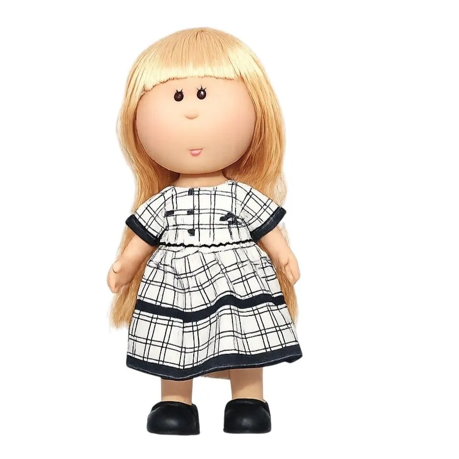 Blonde Hair Soft Body Doll with Elegant Checkered Dress for Girls