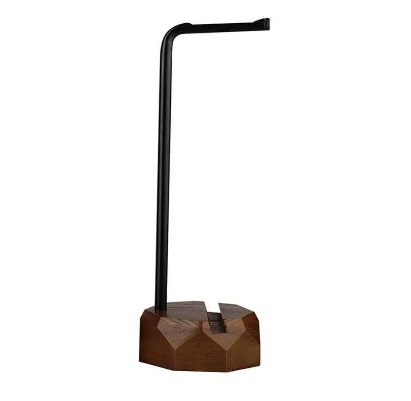 Walnut-colored solid wood over-ear headphone display stand