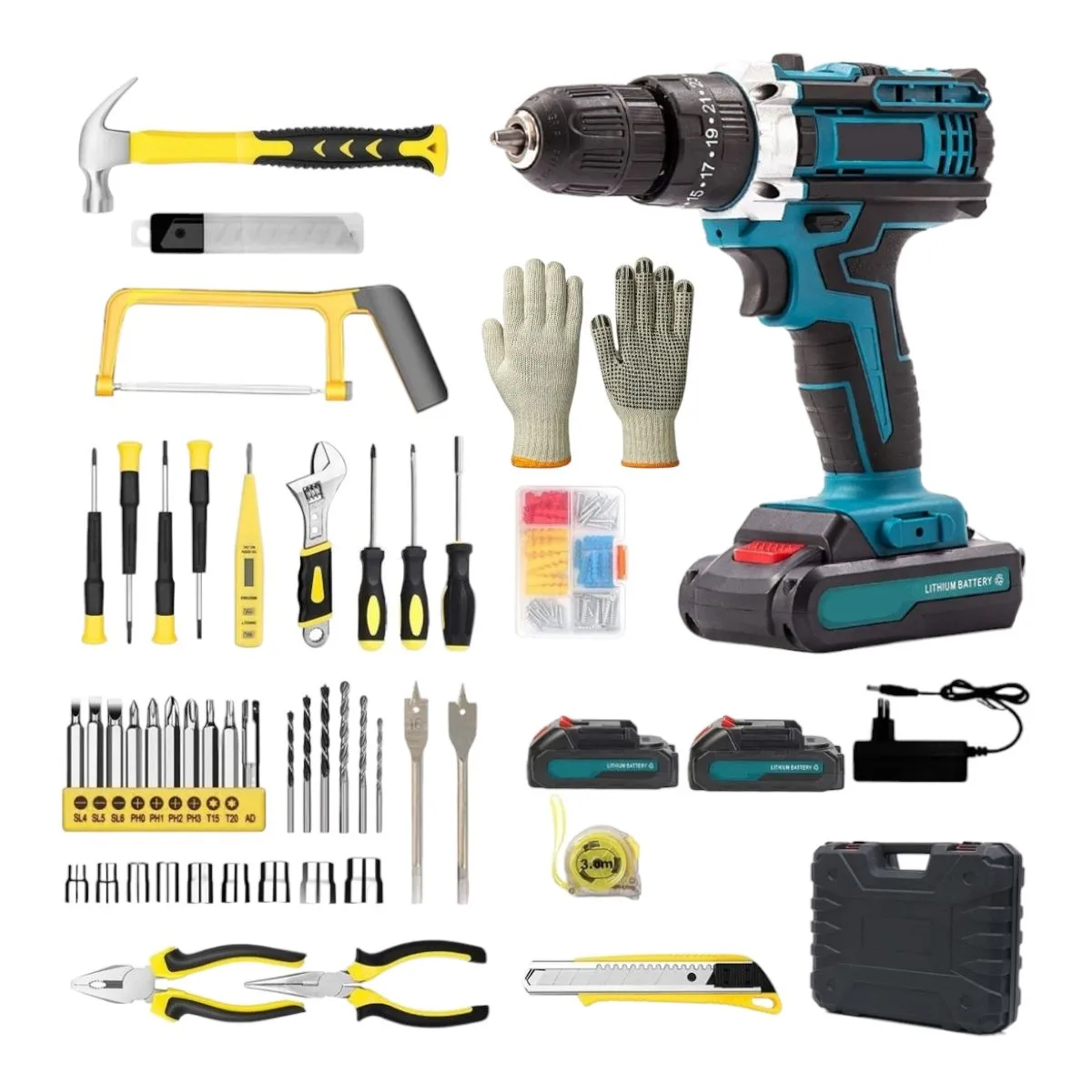 50 Piece 21V Cordless Drill Tool Set - Cordless Power & Hand Tool Kit