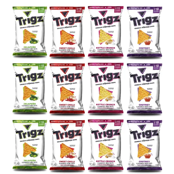 12 Pack |TrigzCorn Chips | Jalapeno, Swt Chilli, Sweet & Salty, Chutney|28g