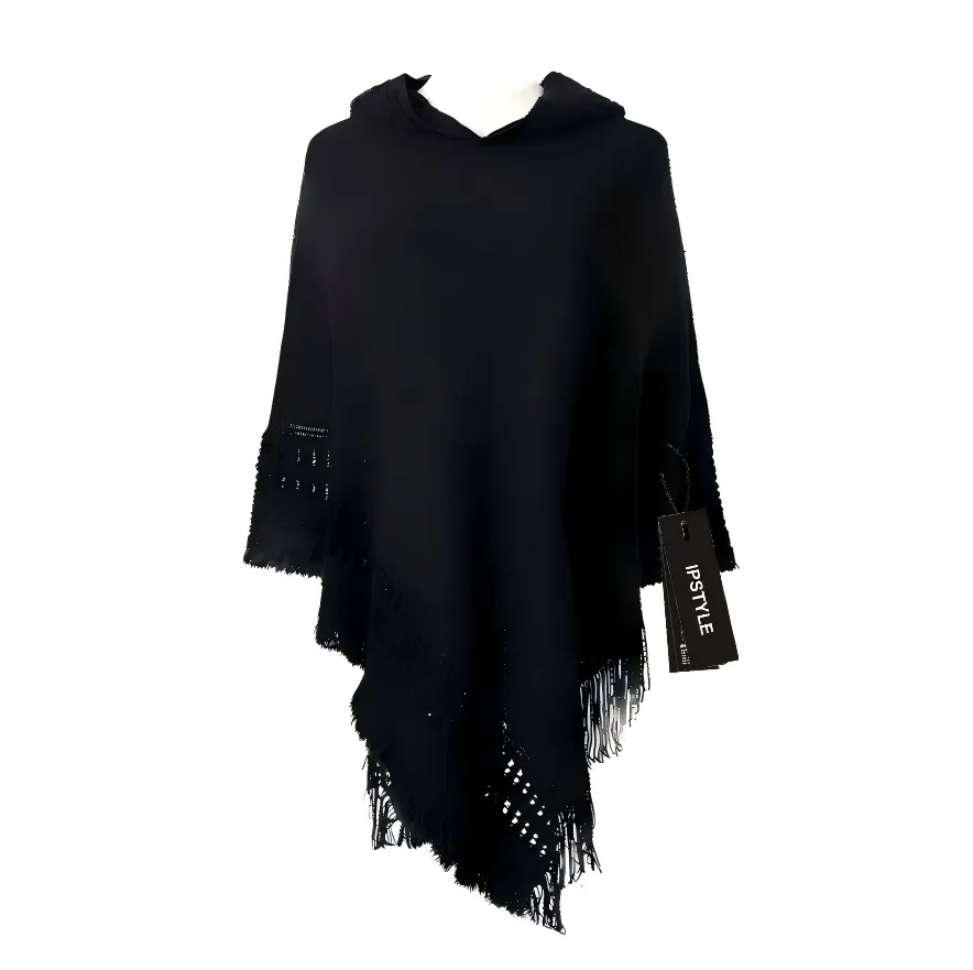 Women Ladies Tassel Cape Coat Fringe Poncho Oblique Stripe Coat Bohemian - Black