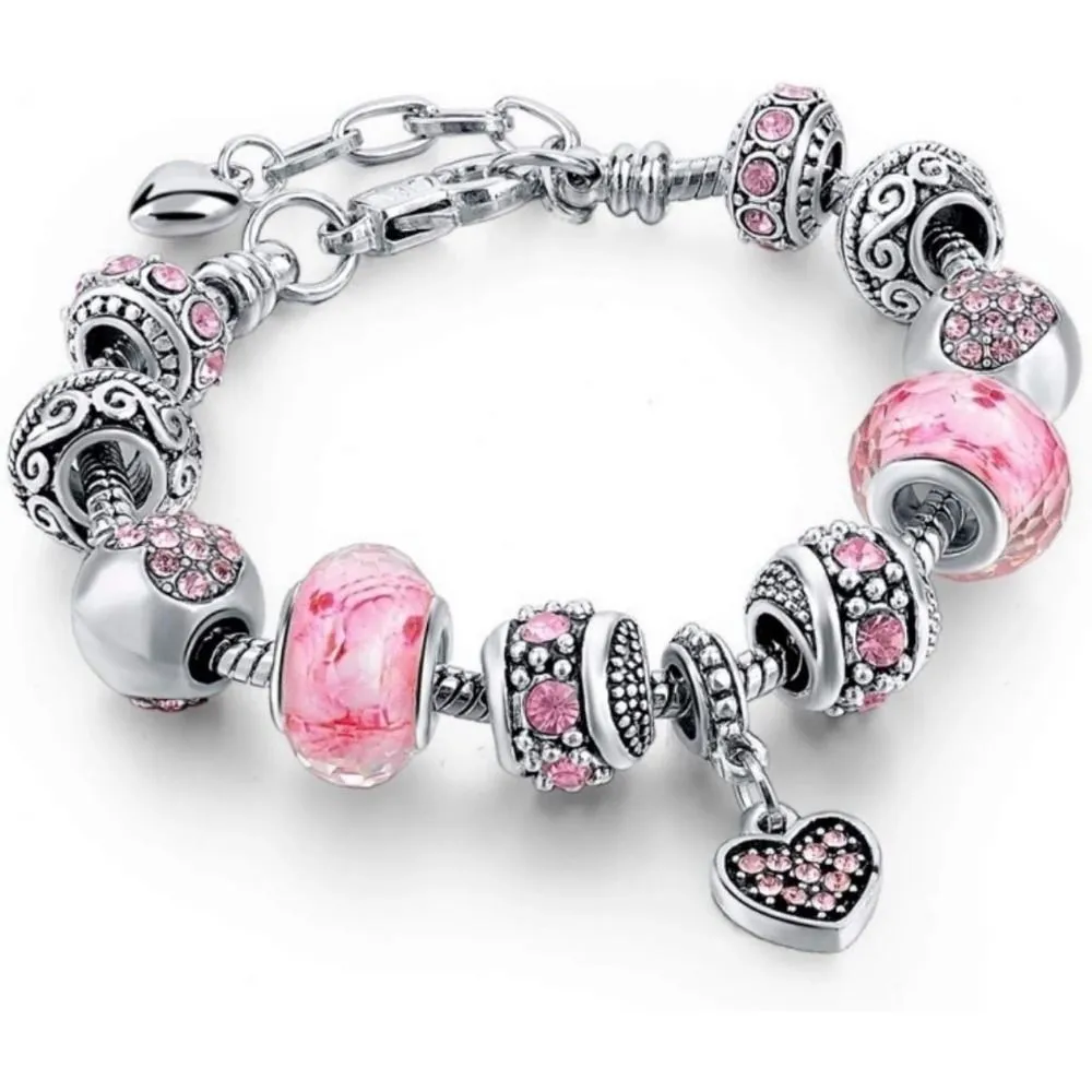 Pink Hearts Silver Plated Charm Bracelet Set, Jewelry Gifts Beads, Charms