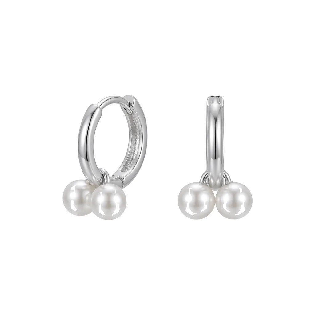 Minimalist Pearl Drop Huggie Hoop Earrings - Silver