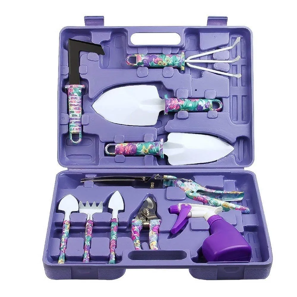 10-Piece Purple Floral Pattern Gardening Hand Tool Set & Hard Storage Case