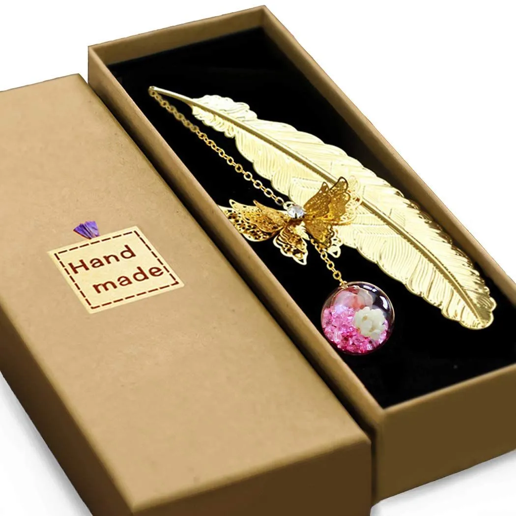 Vintage Style Metal Feather Bookmark-Brass Butterfly & Dried Flower Charm