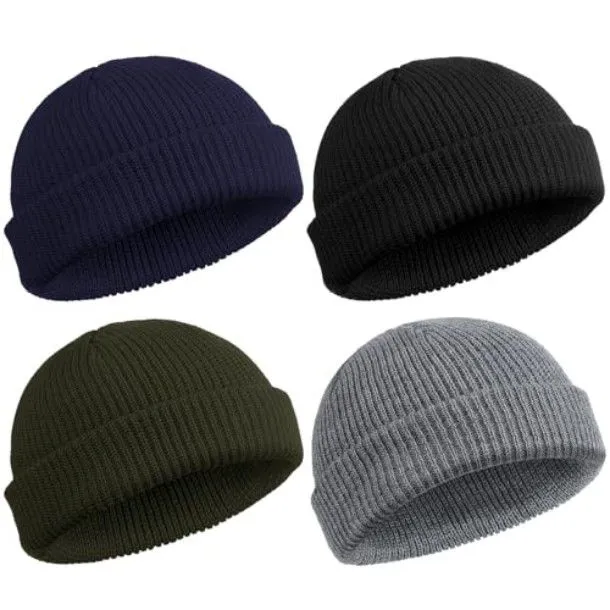 4Pcs Fisherman Trawler Beanie Roll Up Edge Unisex Skullcap Watch Hat - Gray + Blue + Green + Black