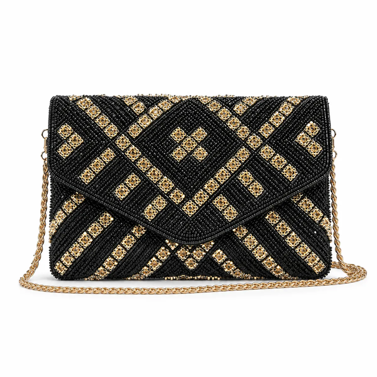 Ladies Beaded Evening Clutch Bag with Chain Strap - Black