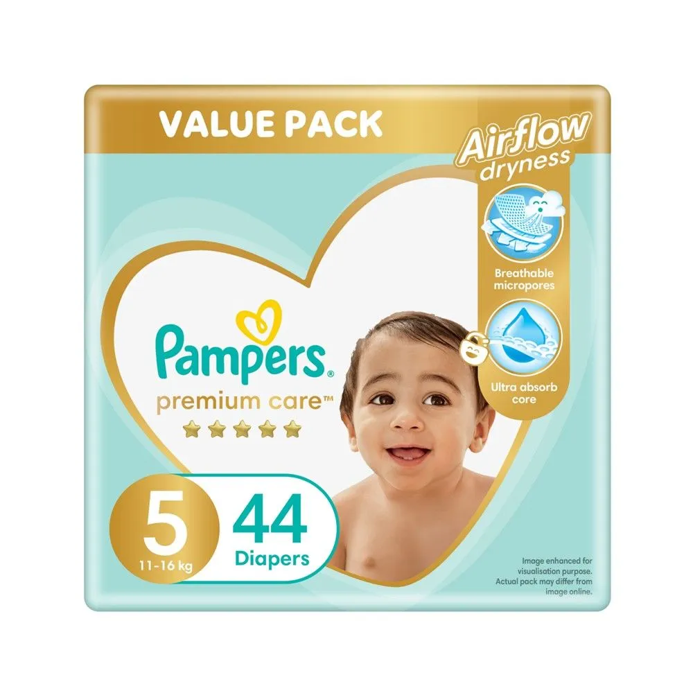 Pampers Premium Care Size 5 (12-18 kg) 44 Nappies, Airflow Skin Comfort